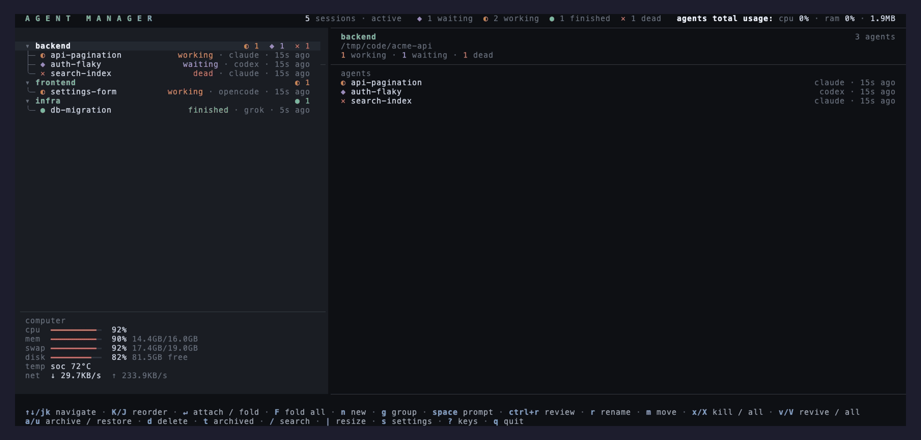 Animated demo: moving down the session list, opening the quick prompt bar with space, typing a follow-up and sending it into the selected agent's pane.