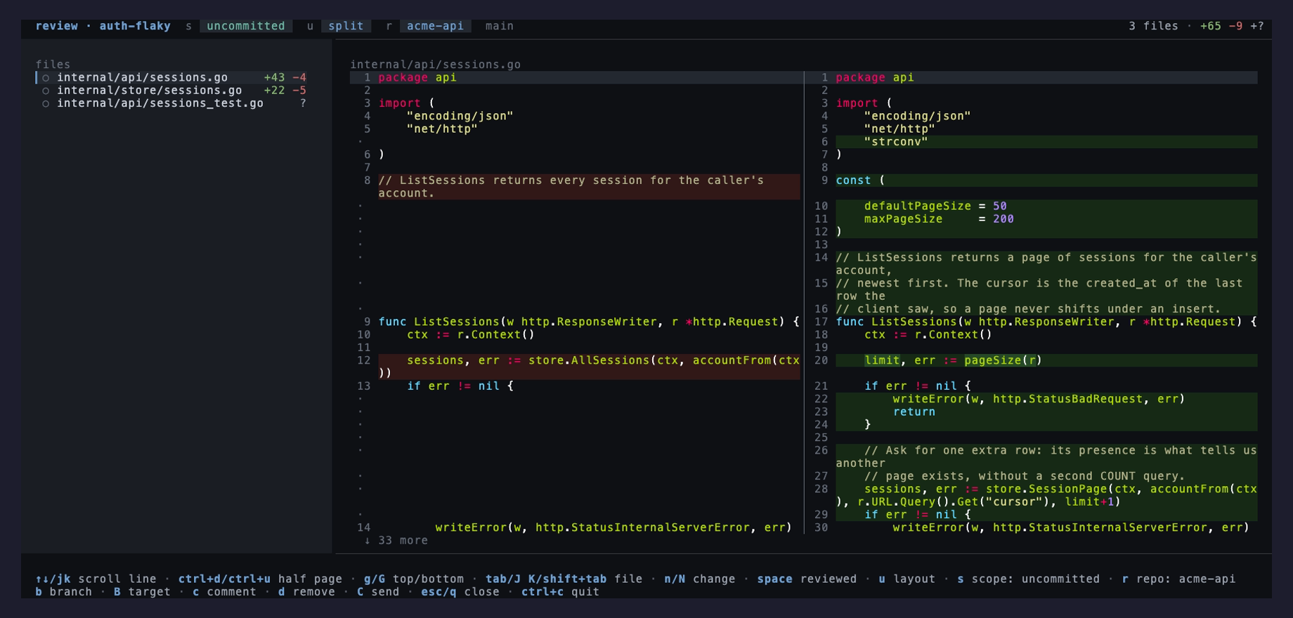 The review screen, side by side, with changed lines tinted inside the full file.